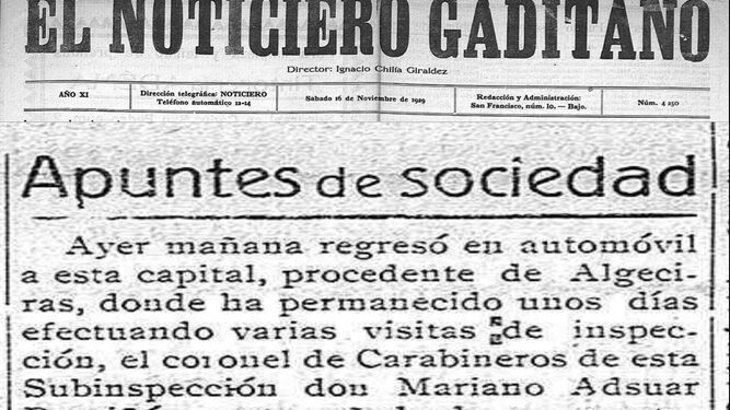 Reseña de 'El noticiero gaditano' donde se menciona al entonces capitán de Carabineros Federico Pérez Padilla en un viaje a Algeciras (1929).